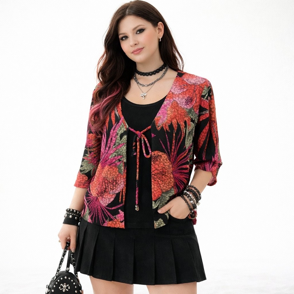 Vintage 90s WEST END Size Medium Textured Layered Multicolor Hibiscus Blouse EUC